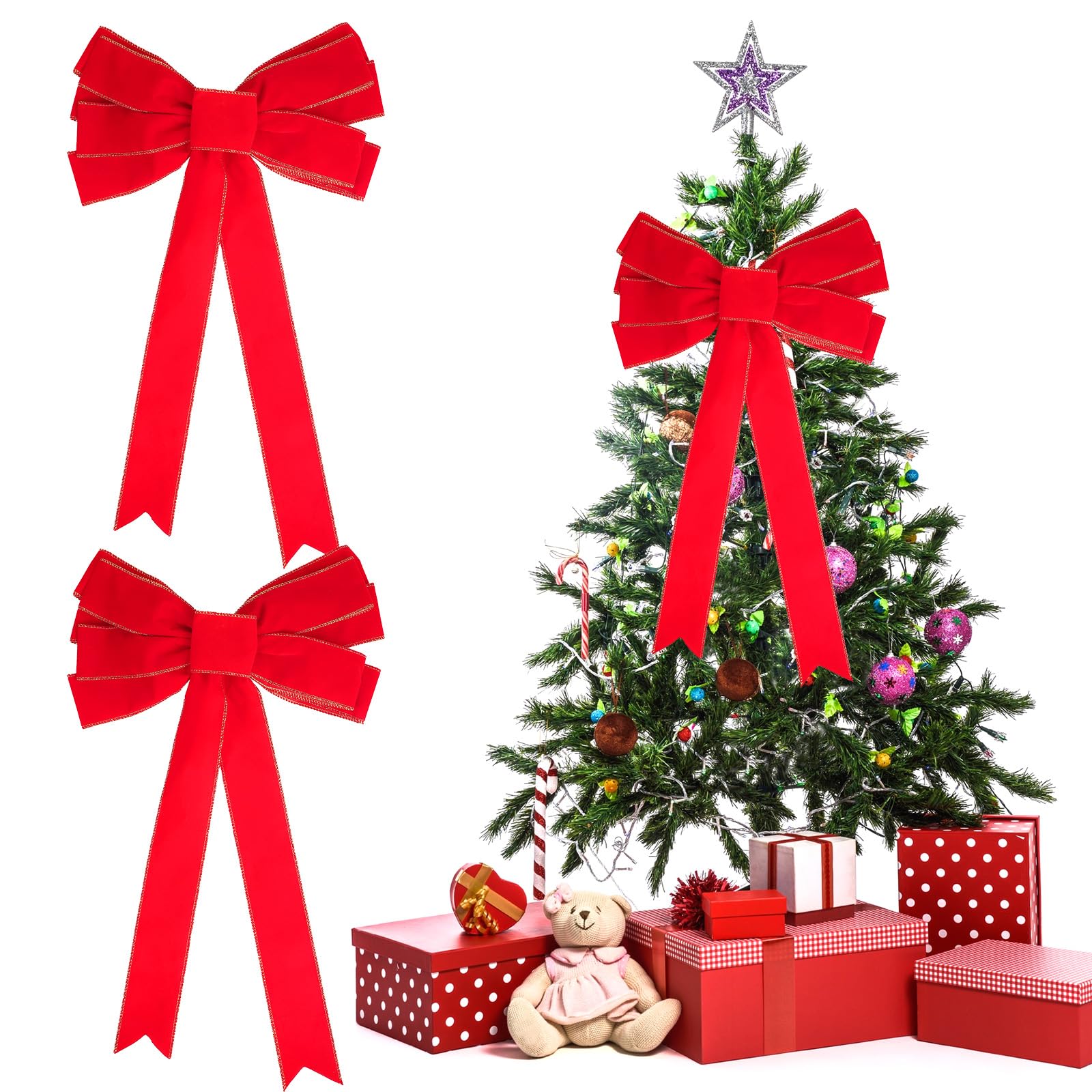 Photo 1 of 2 Pcs Red Christmas Bows Outdoor Decorations 11” x 20” Large Christmas Tree Topper Bow with Glitter Gold Edge Velvet Wreath Bow for Gift Wrapping Tree Topper Front Door Home Decorations Porch