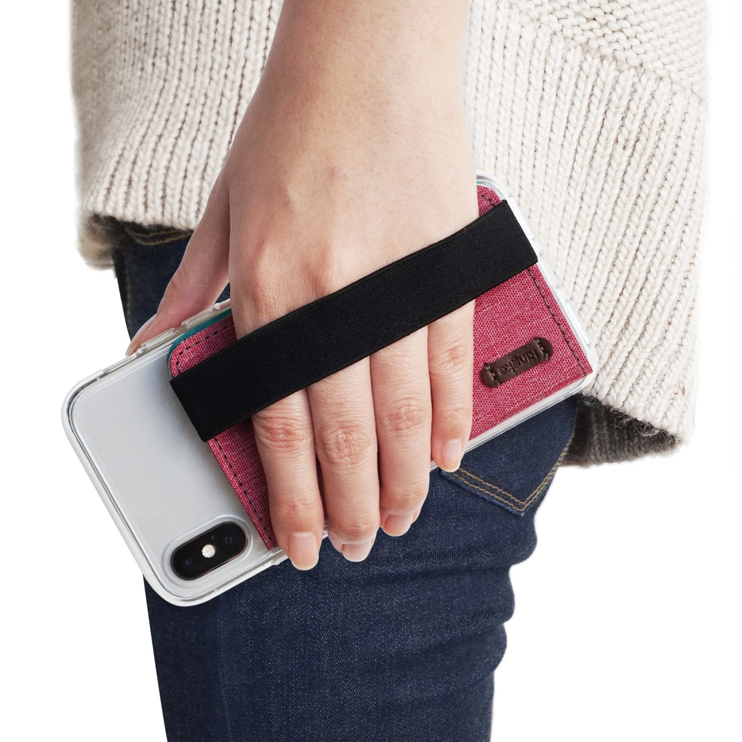 Ringke Flip Phone Card Holder with Elastic Hand Strap Band 3M Stick on Adhesive Wallet Multi Slot Card Wallet Credit Card Mini Pouch Attachment for iPhone, Galaxy, LG, Google Cases - Deep Pink