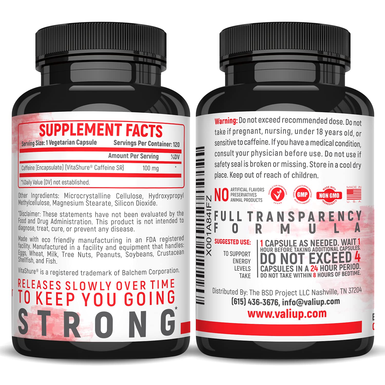 VALI Time Release Caffeine 100mg Capsules- Smart Slow Release for Extended Energy & Focus. Advanced Nootropic Supplement. Brain Booster Active Performance, Alertness & Clarity. 120 Veggie Capsules