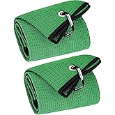 VIVIDLY 2 Pack Tri-fold Golf Towels, Premium Microfiber Fabric Waffle Pattern with Black Heavy Duty Carabiner Clip, Green Golf Towels for Golf Bags for Men (Green)