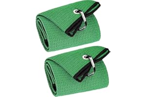 VIVIDLY 2 Pack Tri-fold Golf Towels, Premium Microfiber Fabric Waffle Pattern with Black Heavy Duty Carabiner Clip, Green Golf Towels for Golf Bags for Men (Green)