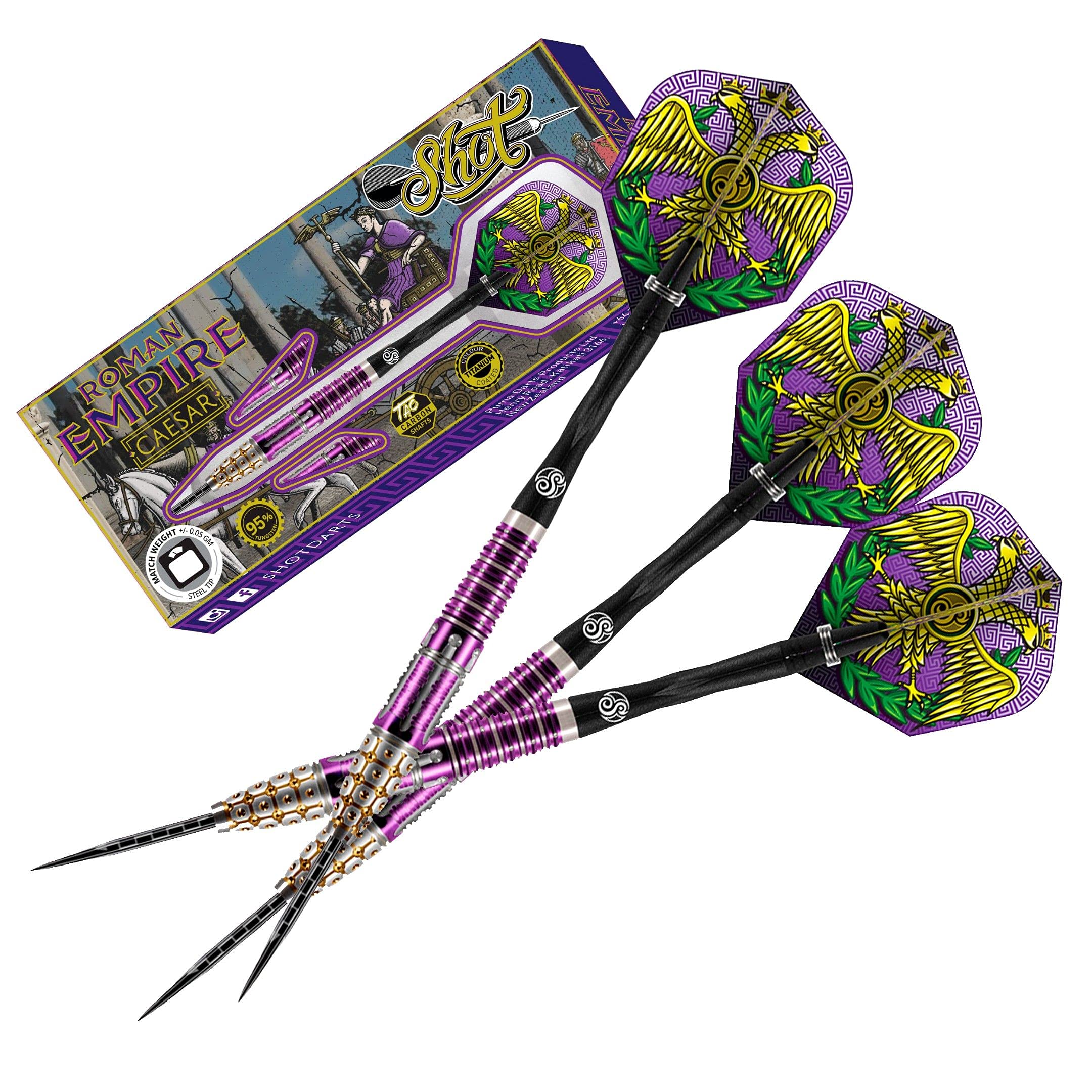 Shot! - Roman Empire Caesar Darts | Steel Tip | Center Weighted | 95% Tungsten Barrels | Precision Grips | Made in New Zealand | 25g, Gold, Tungsten