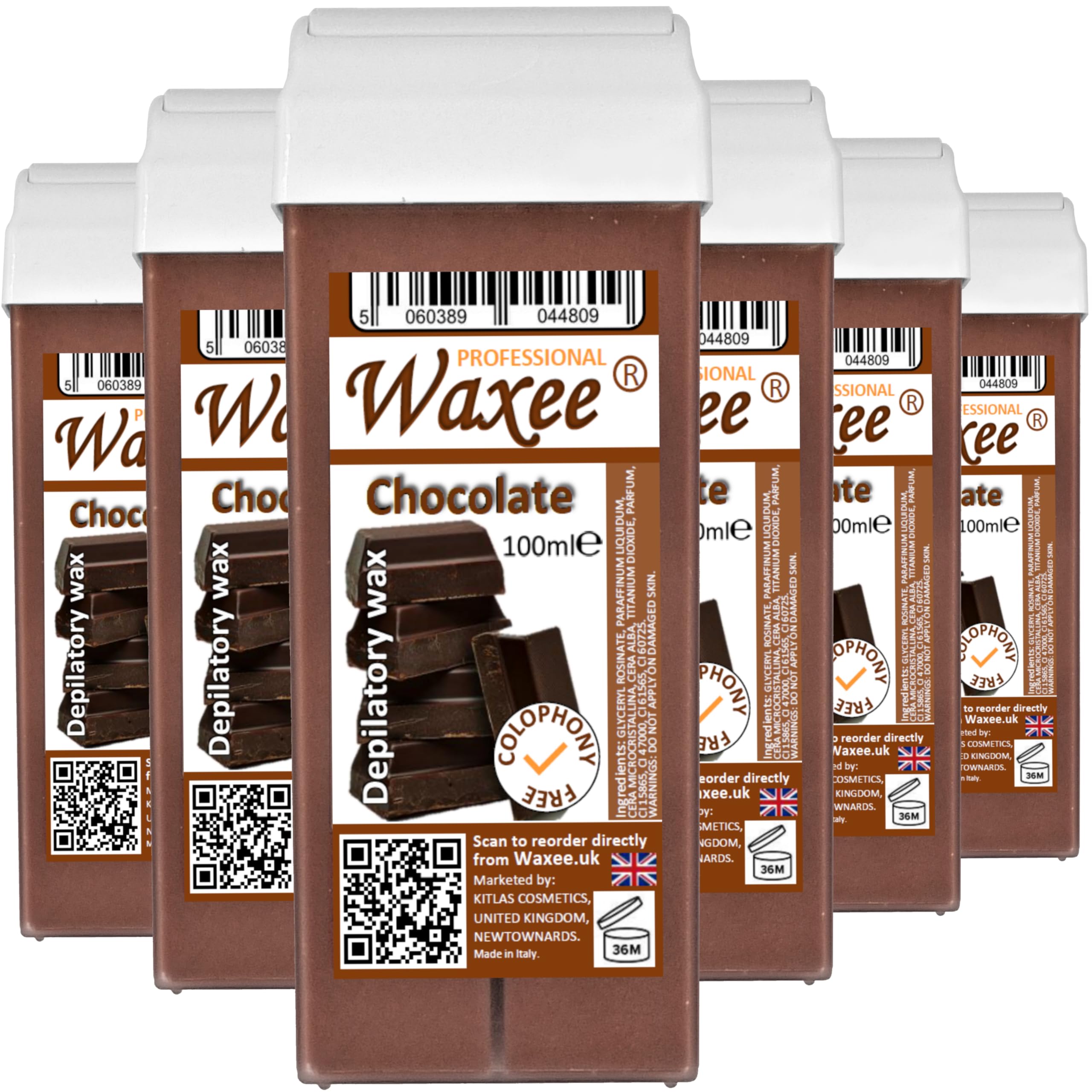 Roll-on wax cartridge, roller, refill 100ml x 6pcs from UK Brand- Waxee! (Roll on wax Chocolate)