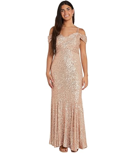 NIGHTWAY Women's Elegant Off the Shoulder Foil Knit Column Gown W/Portrait Collar & Slit