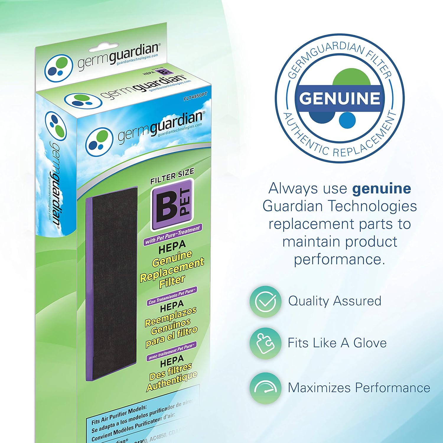 Germ Guardian FLT4850PT True HEPA Genuine Air Purifier Replacement Filter B, with Pet Pure Treatment for GermGuardian AC4900, AC4825, AC4850PT, CDAP4500, AC4300, and More, 1 Count (Pack of 1): Health & Personal Care