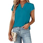 Blooming Jelly Women's Dressy Casual Tops Business Work Blouses White Button Down Shirts Cap Sleeve V Neck Tshirt