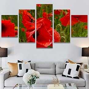SIGNWIN 5 Panel Canvas Wall Art Red Fields...