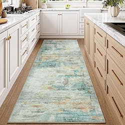 WondRg 2x6 Washable Runner Rug Teal Beige Abstract