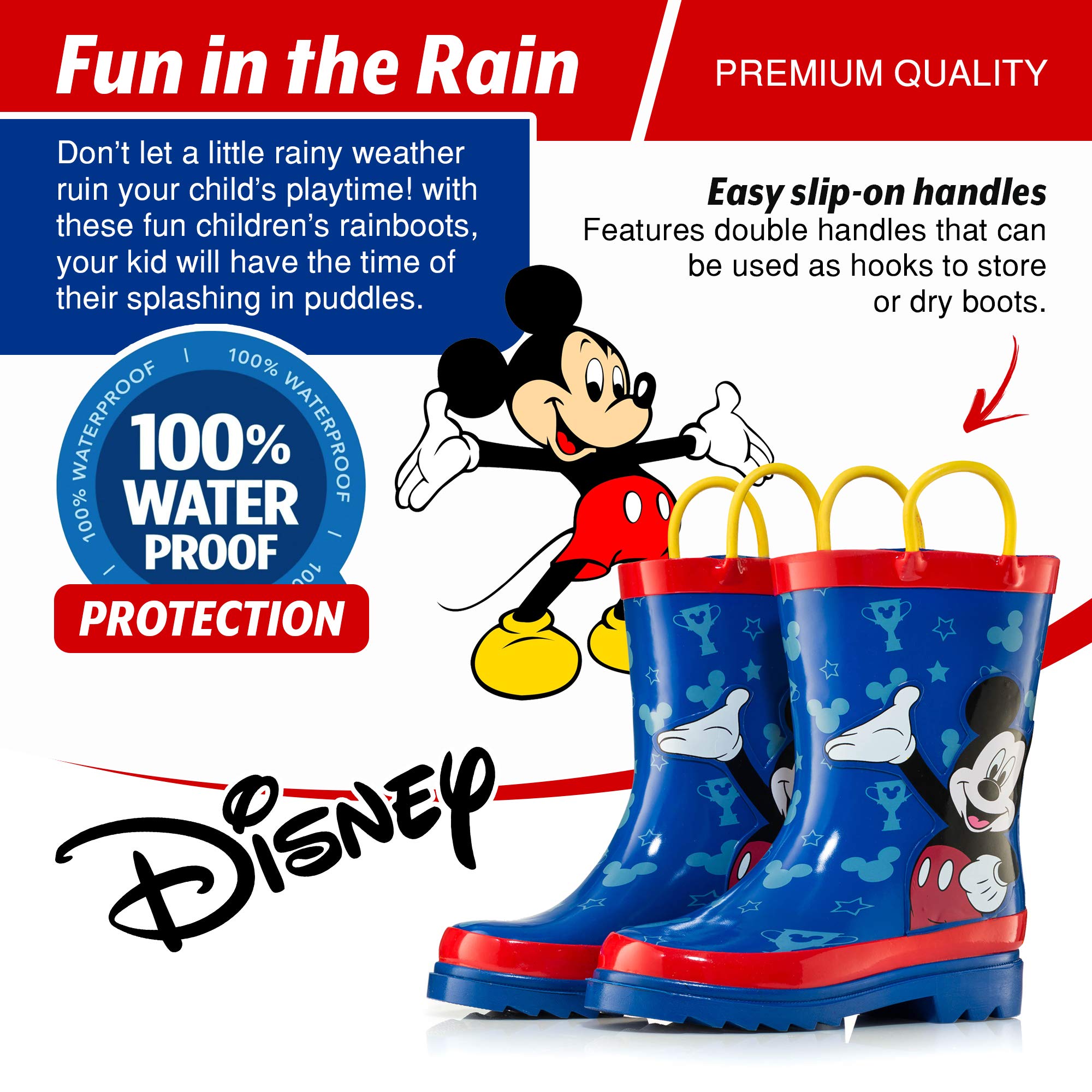 Disney Mickey Mouse Rubber Rainboots - Attached Handles - Toddler and Little Kid