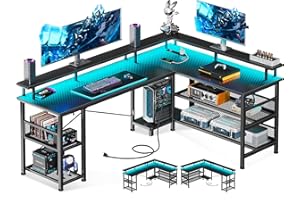 ODK 59" L Shaped Gaming Desk with Power Outlet and LED Lights, PC Gaming Table with USB Ports, Reversible L Shape Desk with Storage Shelves & Monitor Stand, Home Office Desk, Black Carbon Fiber