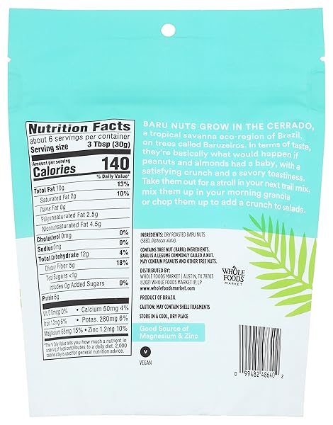 WHOLE FOODS MARKET, NUTS BARU DRY ROASTED, 6 OUNCE