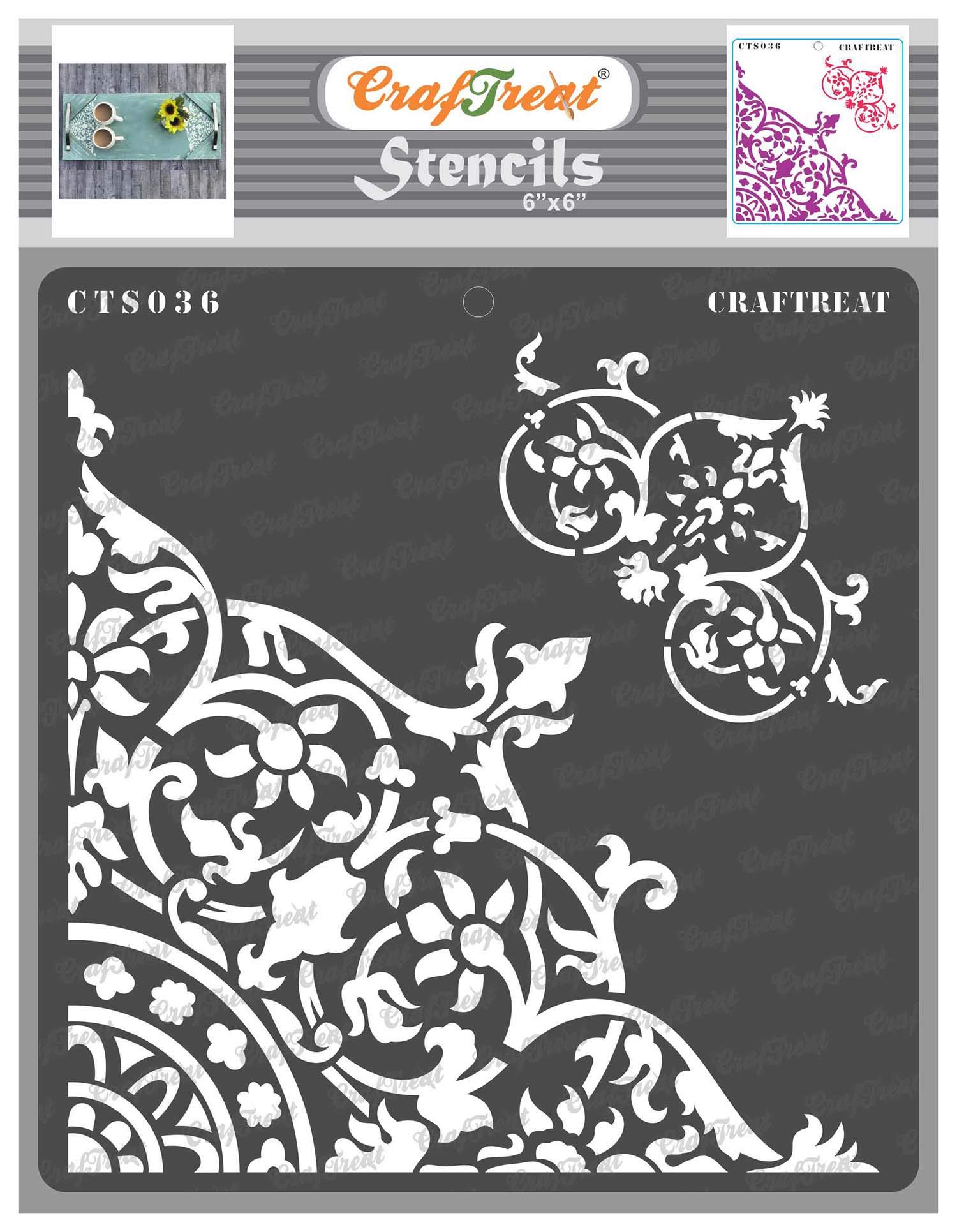 CrafTreat Reusable Corner Stencils for Painting on Wood, Canvas, Paper, Fabric, Floor, Wall and Tile - Flourish Corner - 6x6 Inch - DIY Art and Craft Stencils - Rangoli Corner Stencil