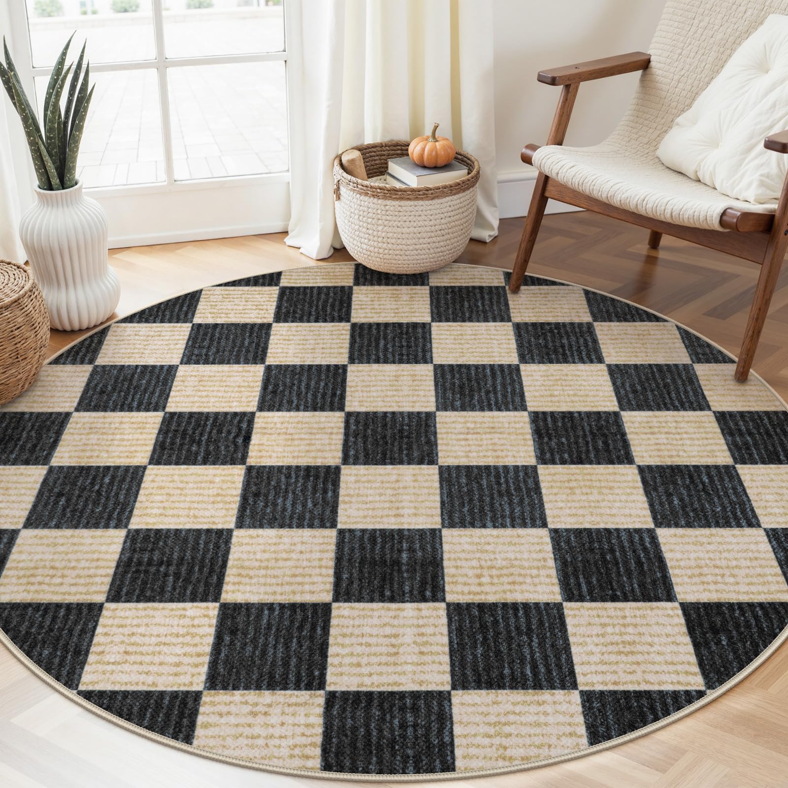 Photo 1 of LIVEBOX Checkered Round Rug 6 Ft Washable Area Rug for Playroom, Kids Non-Slip Neutral Classic Circle Rug Geometric Large Carpet Soft Boys Rug for Classroom Dorm Bedroom(Black,180R)
