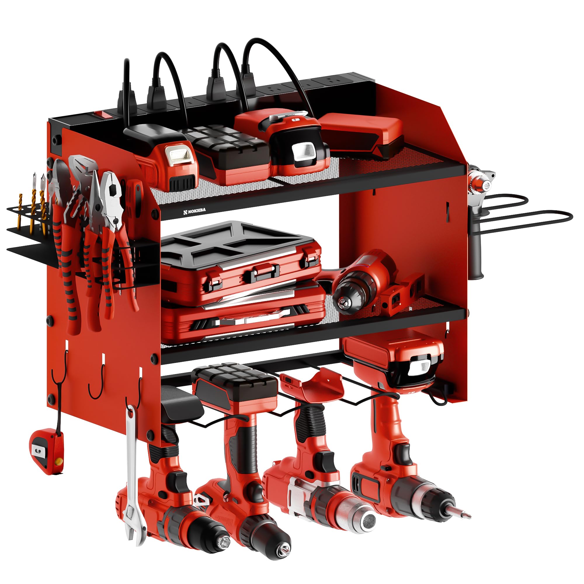 Photo 1 of Modular Power Tool Organizer Wall Mount and Tool Charging Station. Garage 4 Drill Storage Shelf with Hooks, Heavy Duty Drill Holder Wall Mount, Tool Battery Holder Built in 8 Outlet Power Strip