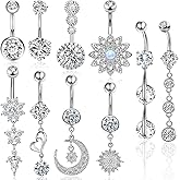 Belly Button Piercing Ring for Women, 10 PCS 14G Surgical Steel Belly Button Rings Barbell Jewelry Rings Bulk for Body Piercing with Long Bar Dangle Curved Navel Rings Heart Belly Ring