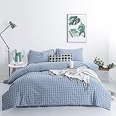 SUSYBAO Royal Blue Gingham Duvet Cover Queen 100% Washed Cotton 3 Pieces Set 1 Blue Plaid Duvet Cover with Zipper Ties 2 Pillowcases Soft Blue Grid Farmhouse Bedding Set