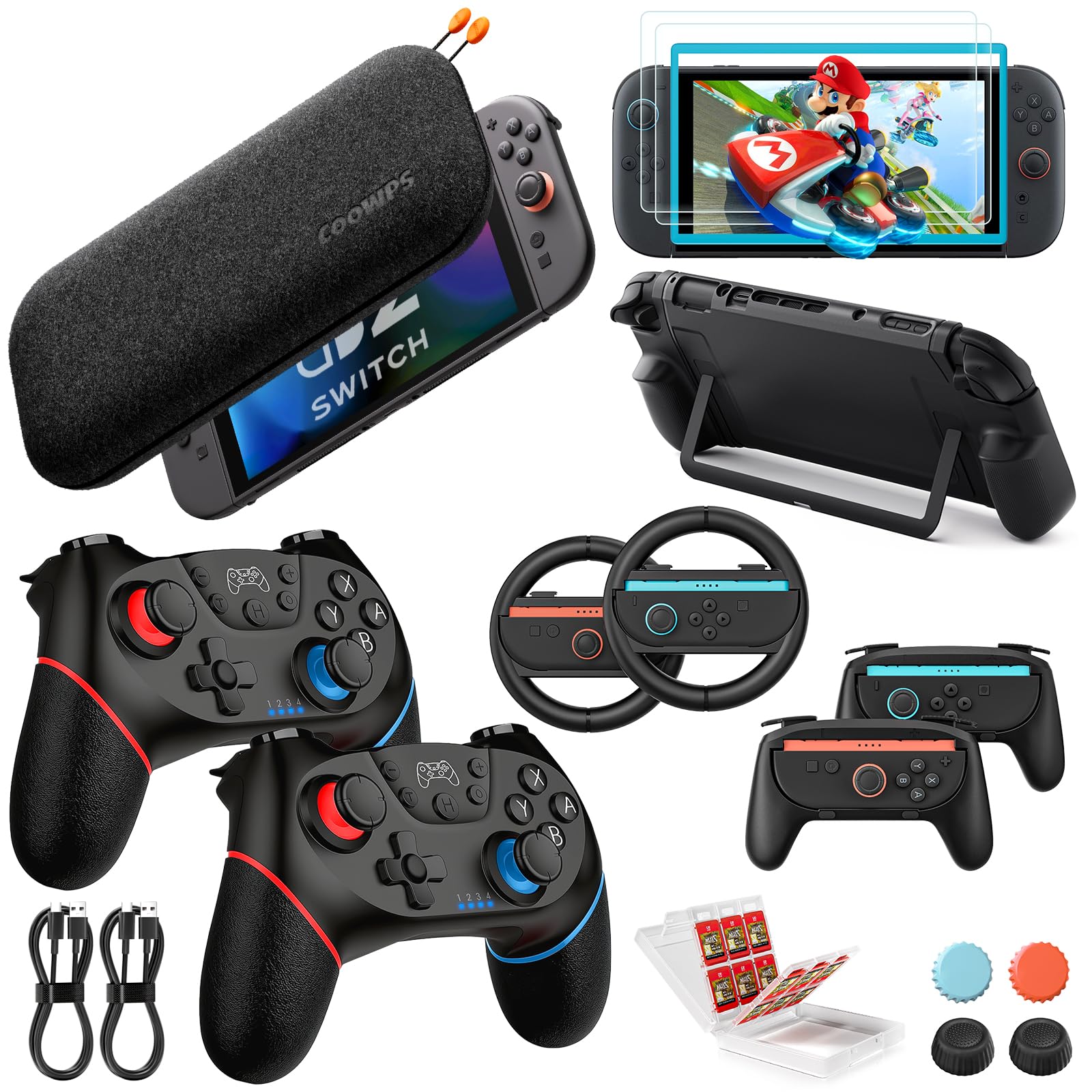 Pro Controllers Accessories Bundle for Nintendo Switch 2 17 in 1: Carrying Case, Dockable Protective Case, Joy-con Grips, Steering Wheels, Screen Protectors, Game Card Case, Thumb Grips for Switch 2