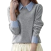 LAI MENG FIVE CATS Women's Polo Contrast Collar Knitwear Casual Long Sleeve Patchwork Pullover Blouse Top