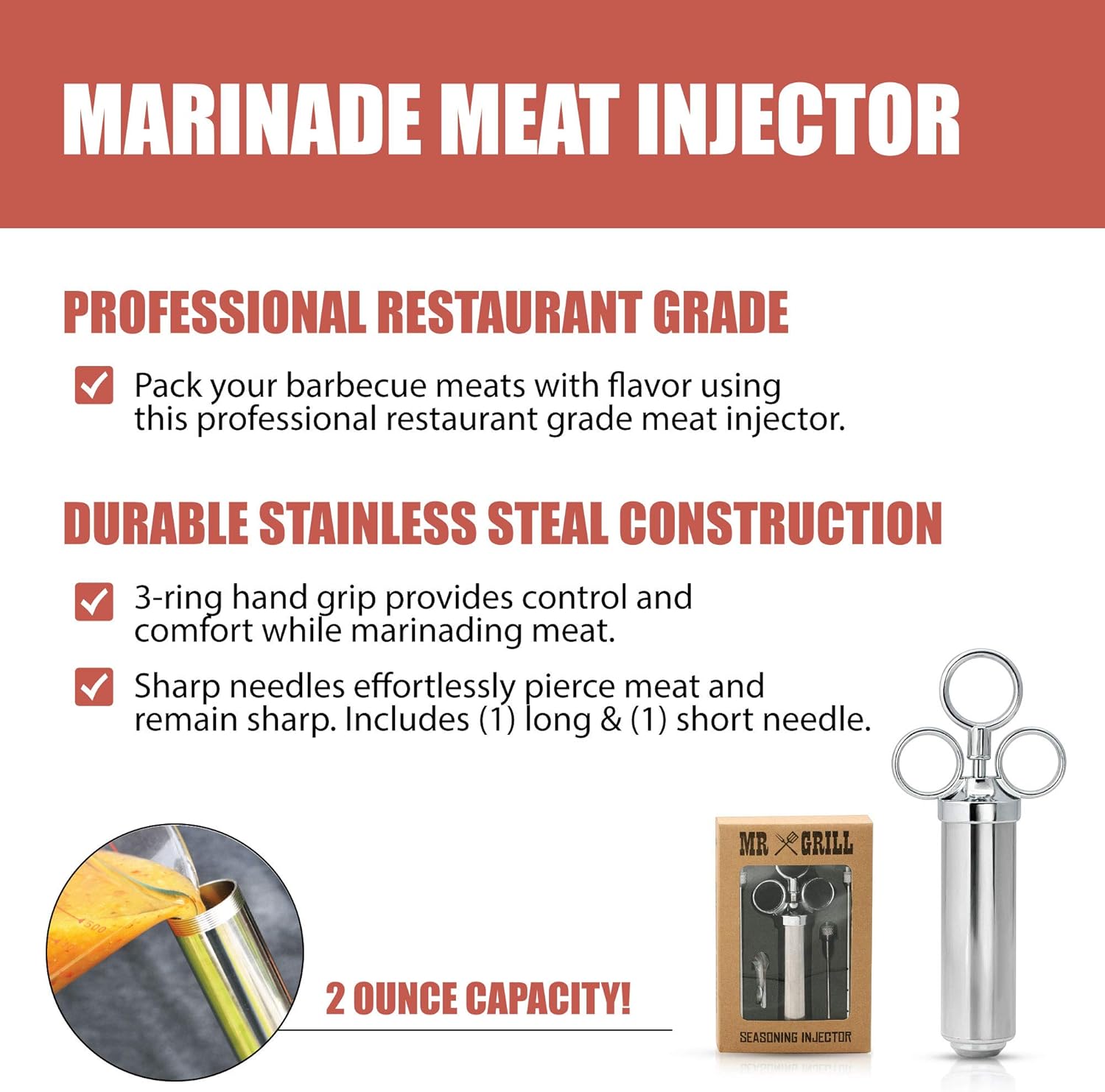 GRILLHOGS Marinade Meat Injector Kit, 304 Premium Stainless Steel BBQ Grill Syringe, Great Basting Tool for Larger Cuts of Meat Like Turkey, Grilling Gifts for Men, 2-Oz Capacity Barrel with 3 Needles: Kitchen & Dining