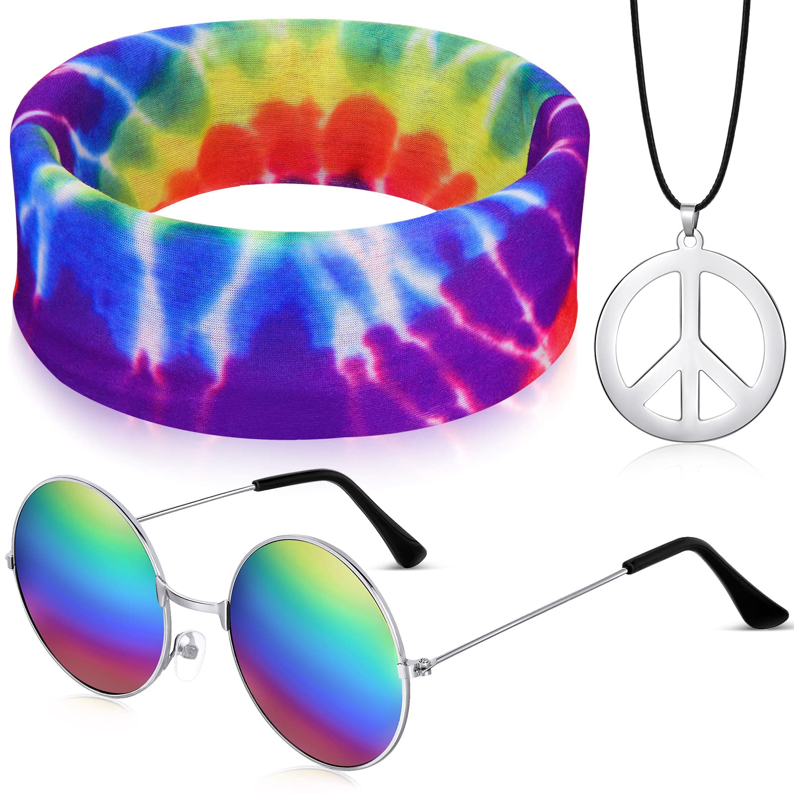 Photo 1 of Frienda 3 Pieces Hippie Accessories Costume, 70s Rainbow Leopard Print Outfits, Hippie Headbands for Men Necklace Sunglasses (Stylish Rainbow Style)