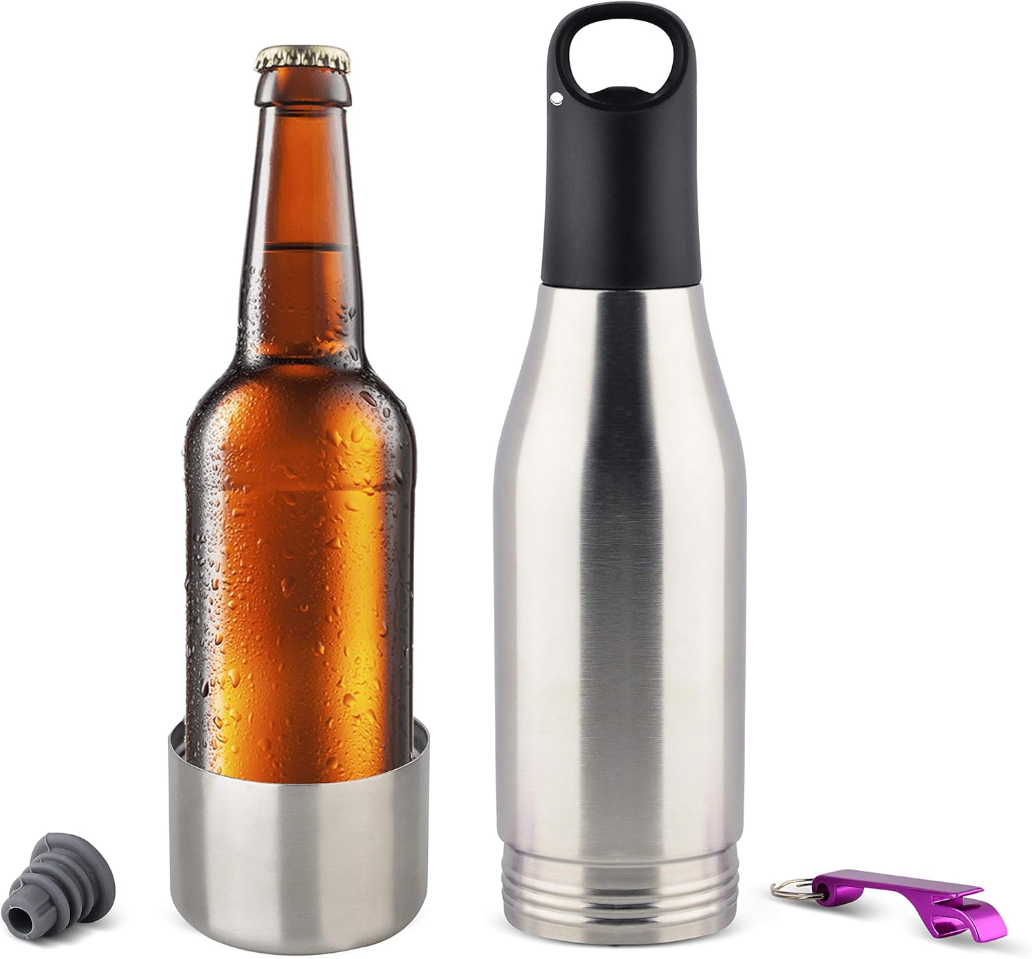 GlacierSteel Insulator Stainless Steel Beer Bottle Insulator-Beer Cooler-Beer Bottle Holder with Neoprene Lining, Bottle Opener and Silicon Stopper