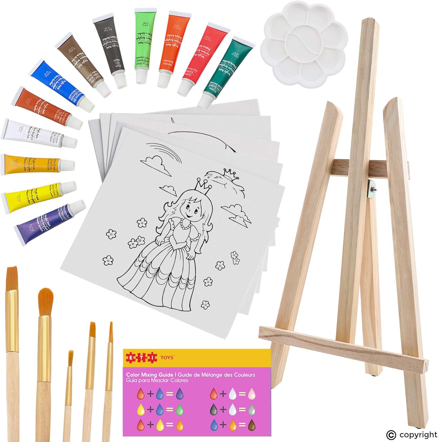 ETI Toys, 26 Piece Kids Art Painting Set with Wood Easel, 6 Princesses and Castles Themed Canvases, 12 Color Acrylic Paints, 5 Paint Brushes, Palette. Arts Studio for Artist Children Ages 6+ Years: Kitchen & Dining