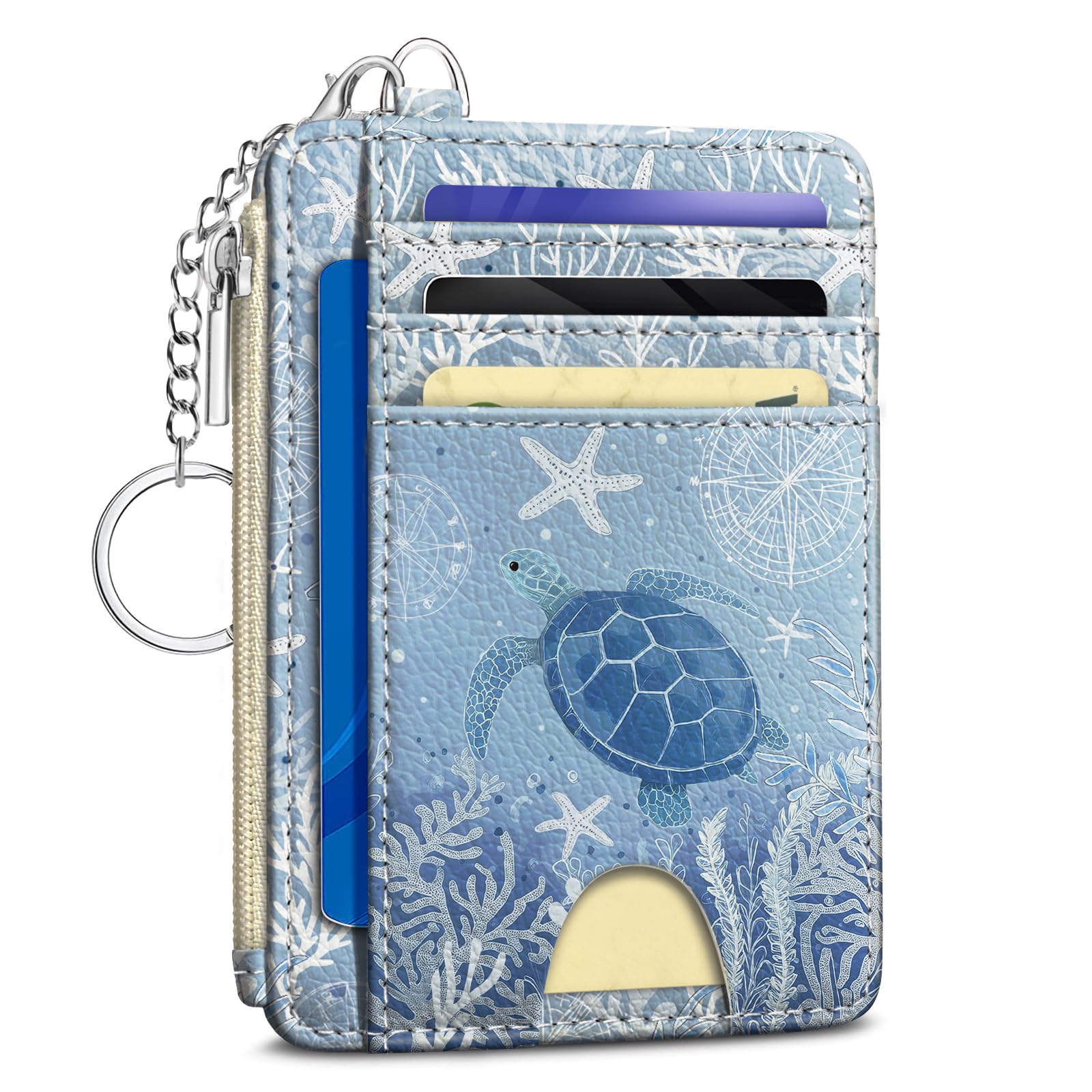 Photo 1 of Kelvoris Sea Turtle Credit Card Holder Small Wallet Women, Blue Ocean Slim RFID Wallet Woman Keychain with Zipper Coin Pocket, Front Pocket Thin Travel Card Case Organizer with ID Window Ladies Gifts