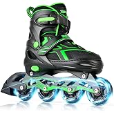 2PM SPORTS Adjustable Inline Skates for Kids, Youth and Adults | beginner friendly; triple closure; light-up wheels; ABEC-7 bearings; Arch support; 2 non-woven bags