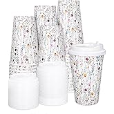 FYSUIMU 50-Pack Disposable Wildflower Patterned Paper Coffee Cups with Lids, 16 oz Each, Perfect for Parties, Cafes, and Gatherings