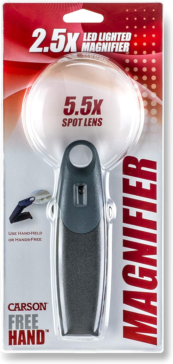 Carson FreeHand 2.5x LED Lighted HandHeld or HandsFree Magnifier with