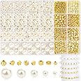1290 Piece Pearl and Gold Spacer Beads for Bracelet Making, Assorted Gold and Pearl Beads for Jewelry Making Kit