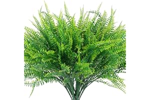 Hananona 12 Pcs Artificial Outdoor Plants Fake Boston Fern Stems, UV Resistant Faux Artificial Plants Shrubs Outdoors Plastic Plant Bulk for Hanging Planter Porch Window Home Decor (12, Green)