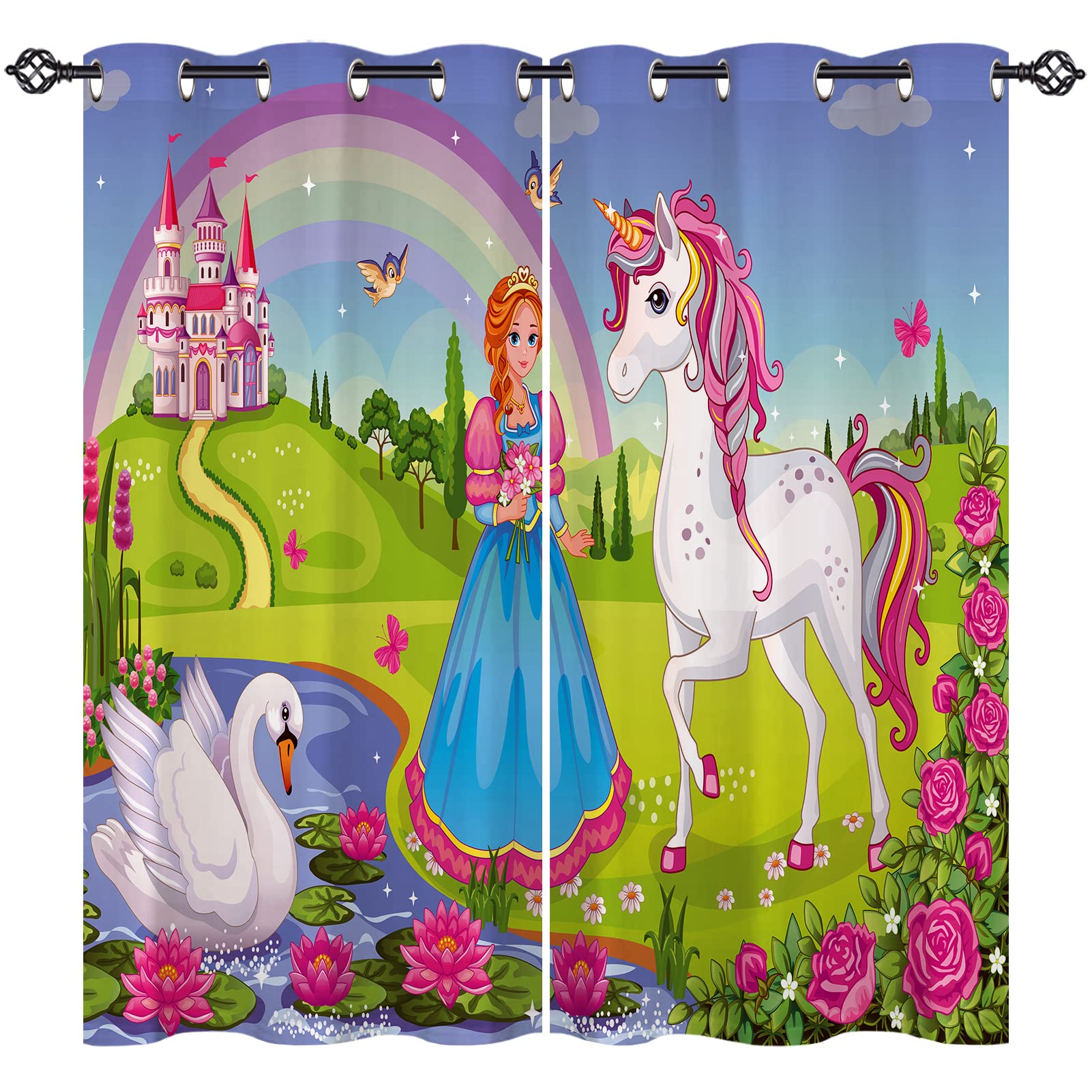ANHOPE Kids Girls Curtains Eyelet Thermal Insulated Ring Top 80% Blackout Curtains with Princess Unicorn Rainbow Castle Flower Print Pattern Window Drapes for Bedroom Living Room 46 x 54 Inch 2 Panels