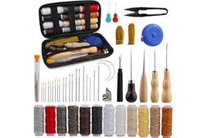 TLKKUE Leather Upholstery Repair Sewing Kit, Leather Crafting Tools and Supplies Leather Working Kit with Waxed Thread Heavy Duty Sewing Needles Awls Thimble for Shoes Sofa Carpet Repair and Sewing