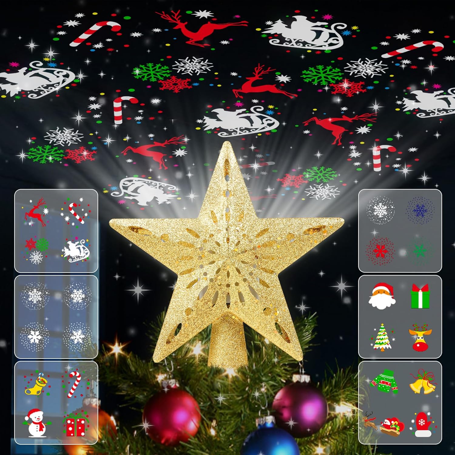 Tree Toppers - Christmas Tree Topper Lighted with 6 Projection Modes, Christmas Star Tree Topper Built-in Rotating Magic Cool Dynamic Projection, Gold 3D Glitter Tree Topper for Christmas Party Decorations