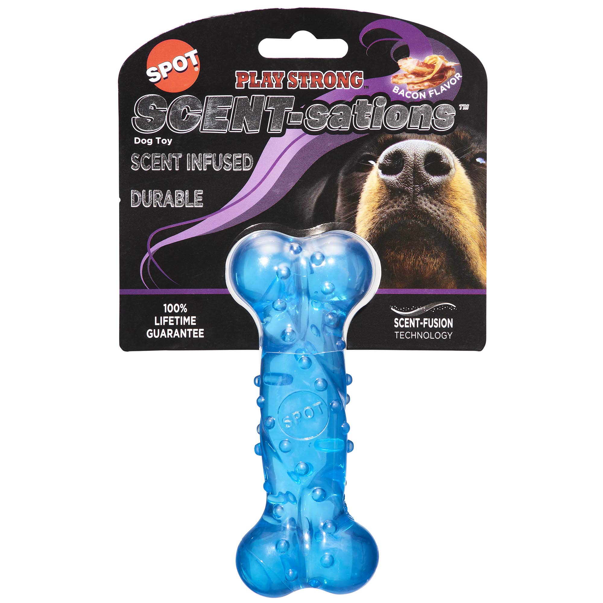 Photo 1 of SPOT Play Strong Scent-sations Bone - Scent-Infused, Strong, Durable TPR Rubber, Heavy Duty Dog Toys for Aggressive Chewers up to 45lbs, Perfect for Puppies & Medium Breeds, 6in, Bacon Flavored