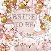121 Pcs Bachelorette Party Decorations Kit Rose Gold Bridal Shower Balloons Decor Bride to Be Backdrop, Sash, Veil, Crown, Diamond Ring Foil Balloons, Photo Booth Props Supplies