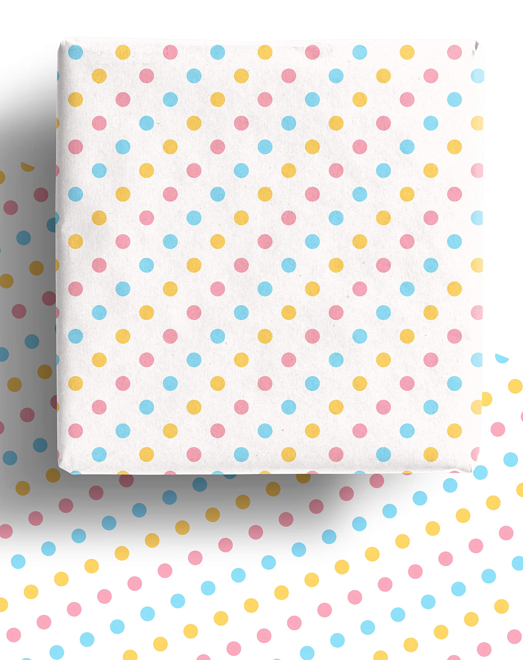 Pastel Polka Dot Wrapping Paper | 4 x Premium Recyclable Gift Wrap Sheets Pink, Yellow and Blue for Birthday, Easter, New Baby Shower, Christening and more. Made in the UK from 100% Recycled Paper