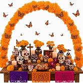 Marigold Table Arch Kit for Day of the Dead Decor with Adjustable PVC Arch | 12 Pcs 3D Butterfly Decor, 8 PCS Marigold Garlands, 10 PCS 11.8 Inch PVC Arch for Dia de los Muertos, Diwali and Halloween