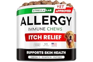 StrellaLab Dog Allergy Relief & Anti Itch Support Chews w/Omega 3: Real Ingredients, Real Taste! Skin & Coat Immune Supplement w/Fish Oil, Pumpkin & Enzymes — Developed by Experts - Made in USA -120Ct