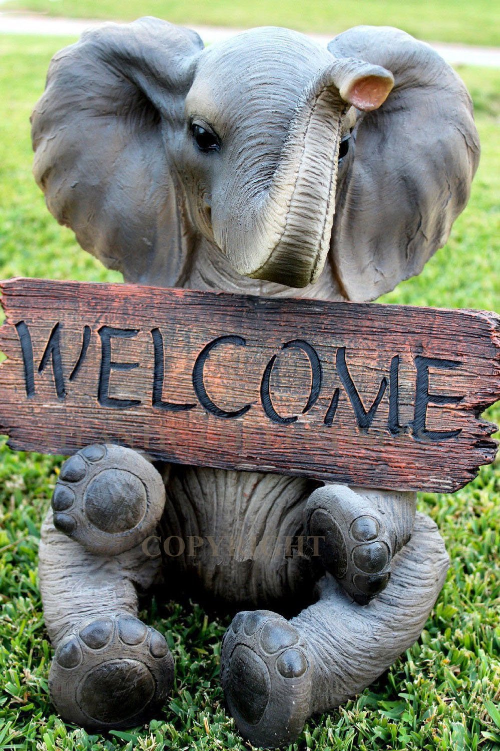 Ebros Majestic Safari Savanna Wildlife Adorable Elephant With Trunk Up Carrying Welcome Sign Plank Statue As Guest Greeter on Covered Pathways Patio Deck Home Decor Sculpture Pachy Salute Animal Theme