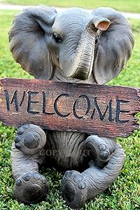 Ebros Majestic Safari Savanna Wildlife Adorable Elephant With Trunk Up Carrying Welcome Sign Plank Statue As Guest Greeter on Covered Pathways Patio Deck Home Decor Sculpture Pachy Salute Animal Theme