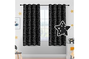PrinceDeco Kids Blackout Curtains 63 Inch Length Kids Blackout Curtains with Fluorescent Stars Boy Curtains for Bedroom Grommet Top Window Treatment 2 Panels Drape for Nursery,Black