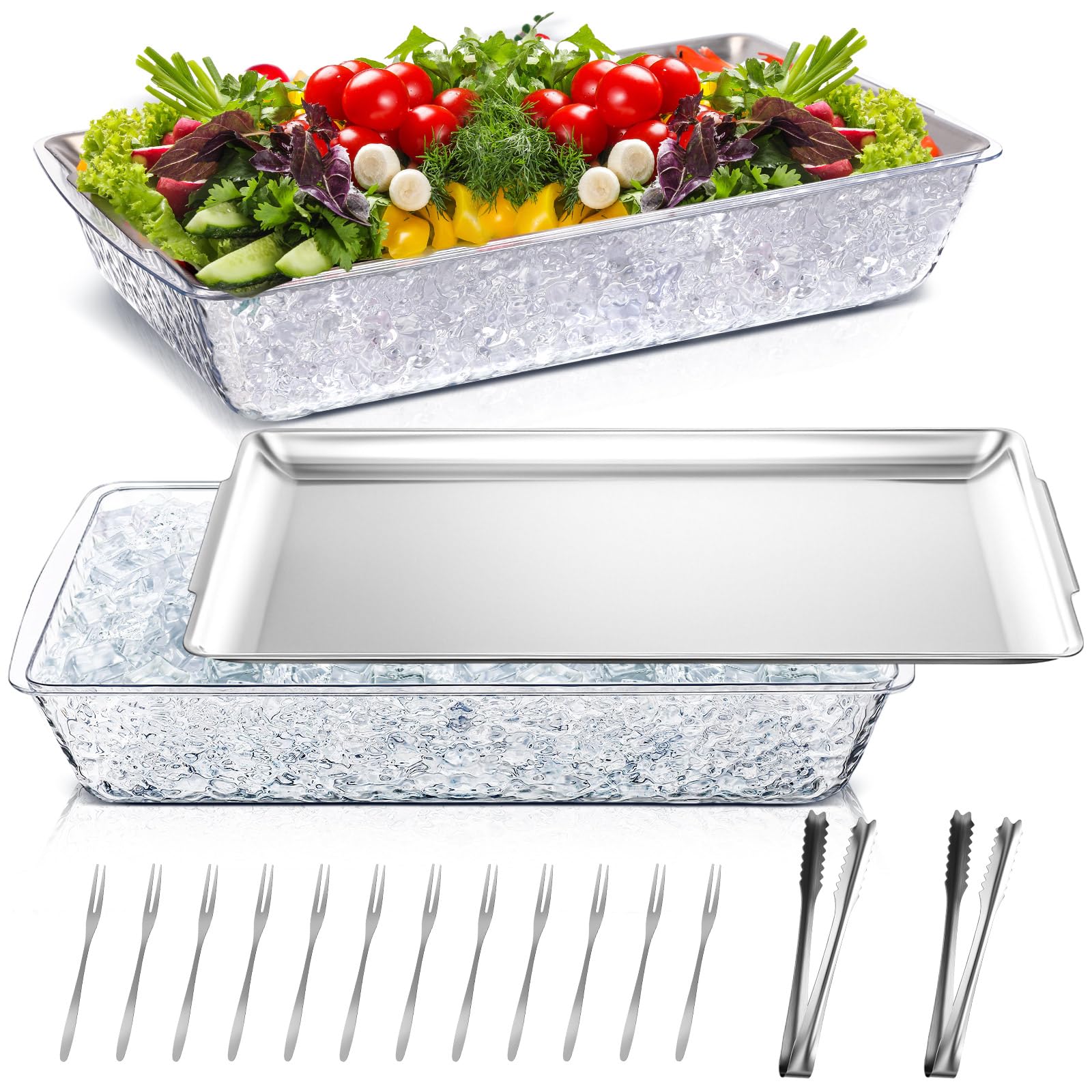 Photo 1 of Baderke 2 Set 16" x 9.45" Chilled Serving Tray for Parties with Compartments Ice Chilled Party Platter Charcuterie Serving Board with Forks Tongs for Fruit Seafood Vegetable Appetizer (Silver)