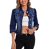 Anienaya Women's Jean Jacket Cropped Denim Jacket Stretchy 3/4 Puff Sleeve Distressed with Pockets