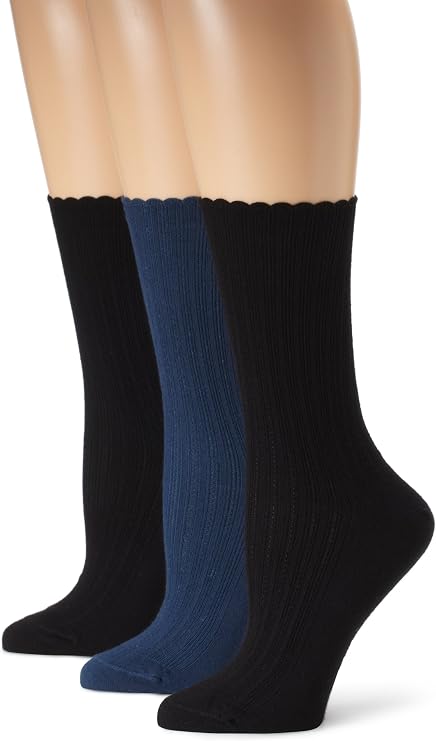 HUE Women's Scalloped Pointelle Socks - Crew Length, Ribbed With Scalloped Trim, Seamed Toe, Sesame/Ivory/Black