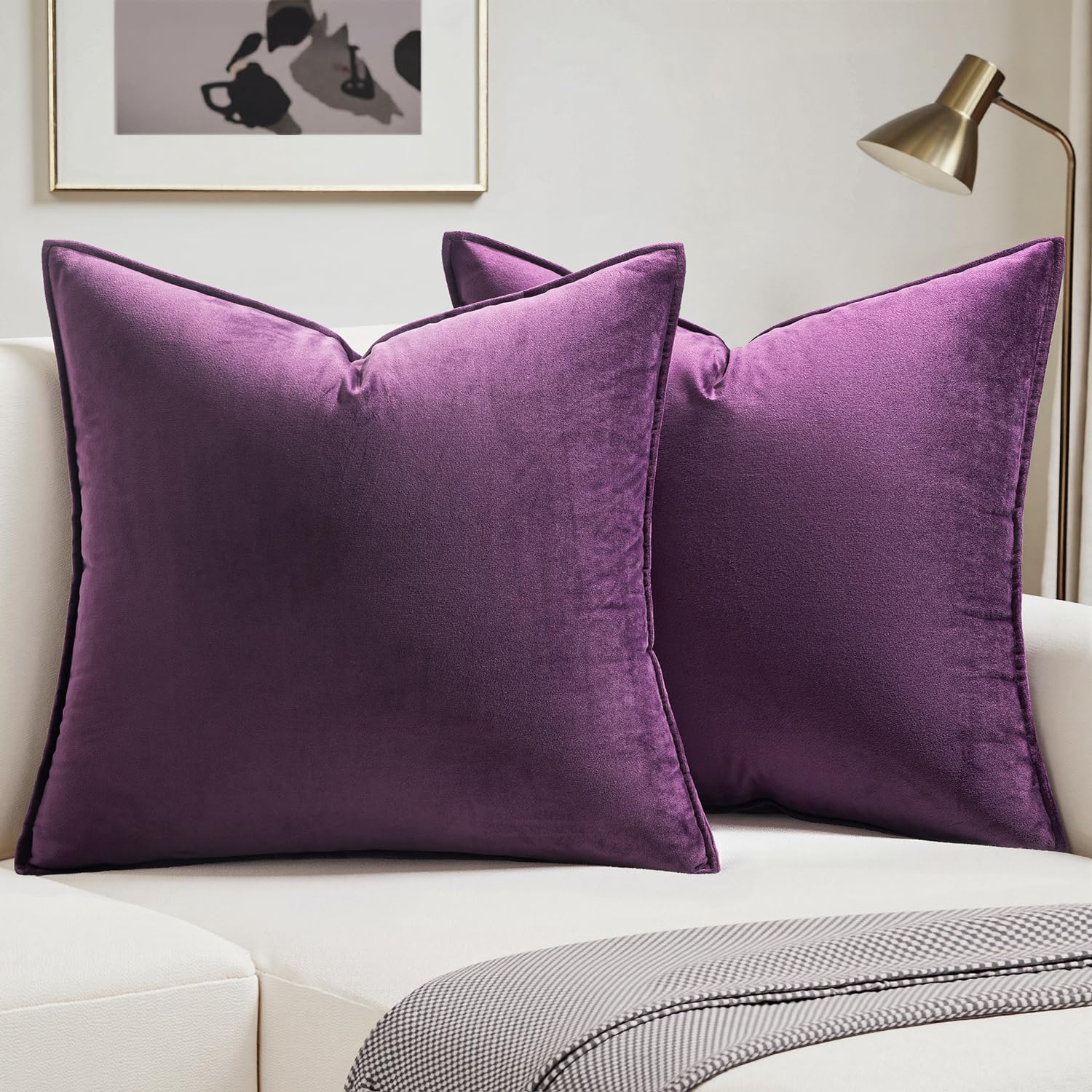 MIULEE Velvet Cushion Covers 40cm x 40cm Aubergine Decorative Square Throw Pillow Covers Flanges Pillowcases Soft for Livingroom Sofa Bedroom with Invisible Zipper 16 x 16 Inch Pack of 2
