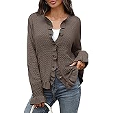 AMZANGEL Women's Ruffle Cardigan Sweaters Knit Texture Crew Neck Cropped Long Sleeve Button Down Tops