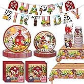 203 Pcs Farm Animal Birthday Party Decorations Farm Plates Tableware Barnyard Farm Birthday Party Supplies Serves 25 Farm Themed Cups, Farm Animal Napkins Red Knife/Fork/Spoon