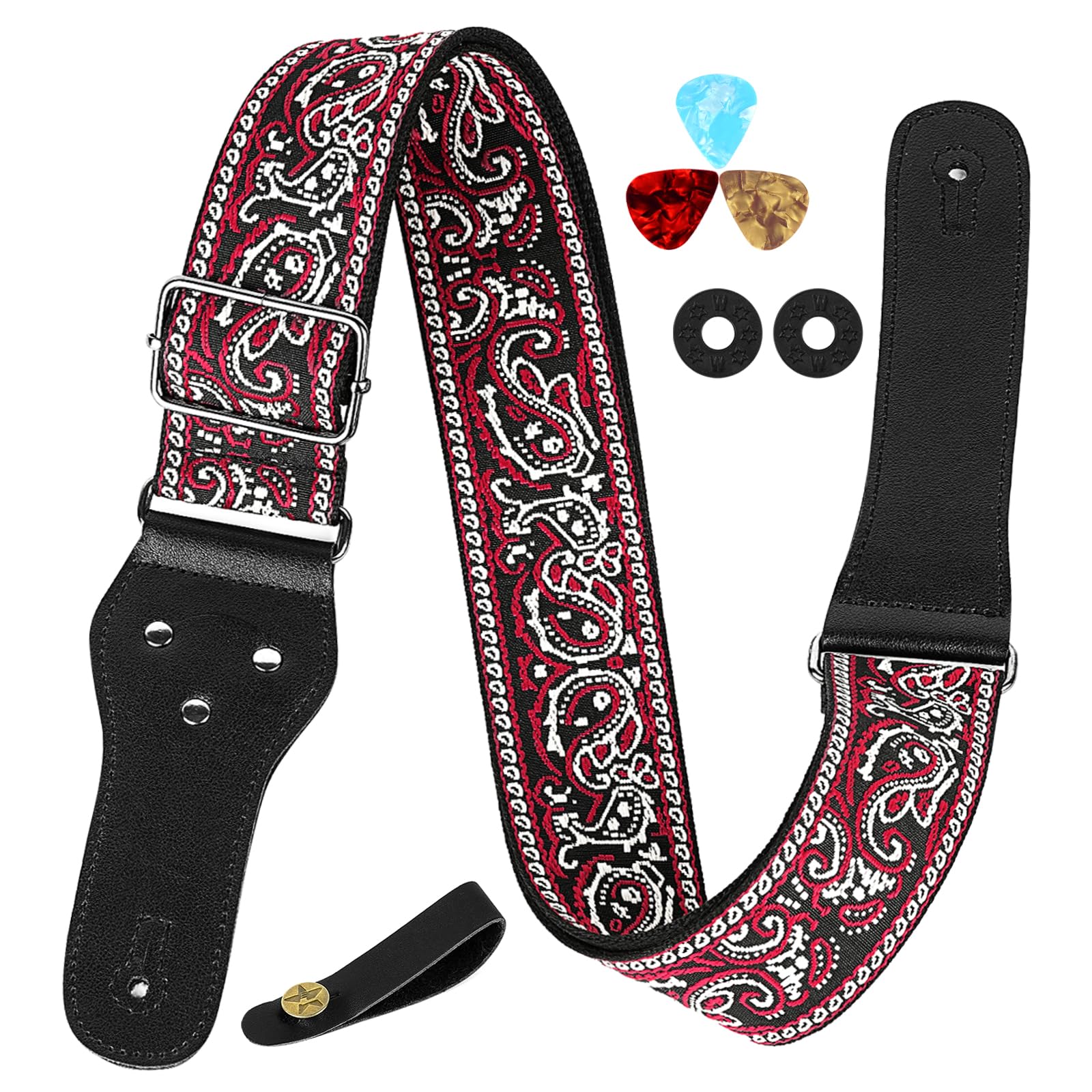 Musiin Guitar Strap, Classic Style, Black & Red, for Bass, Electric & Acoustic Guitars